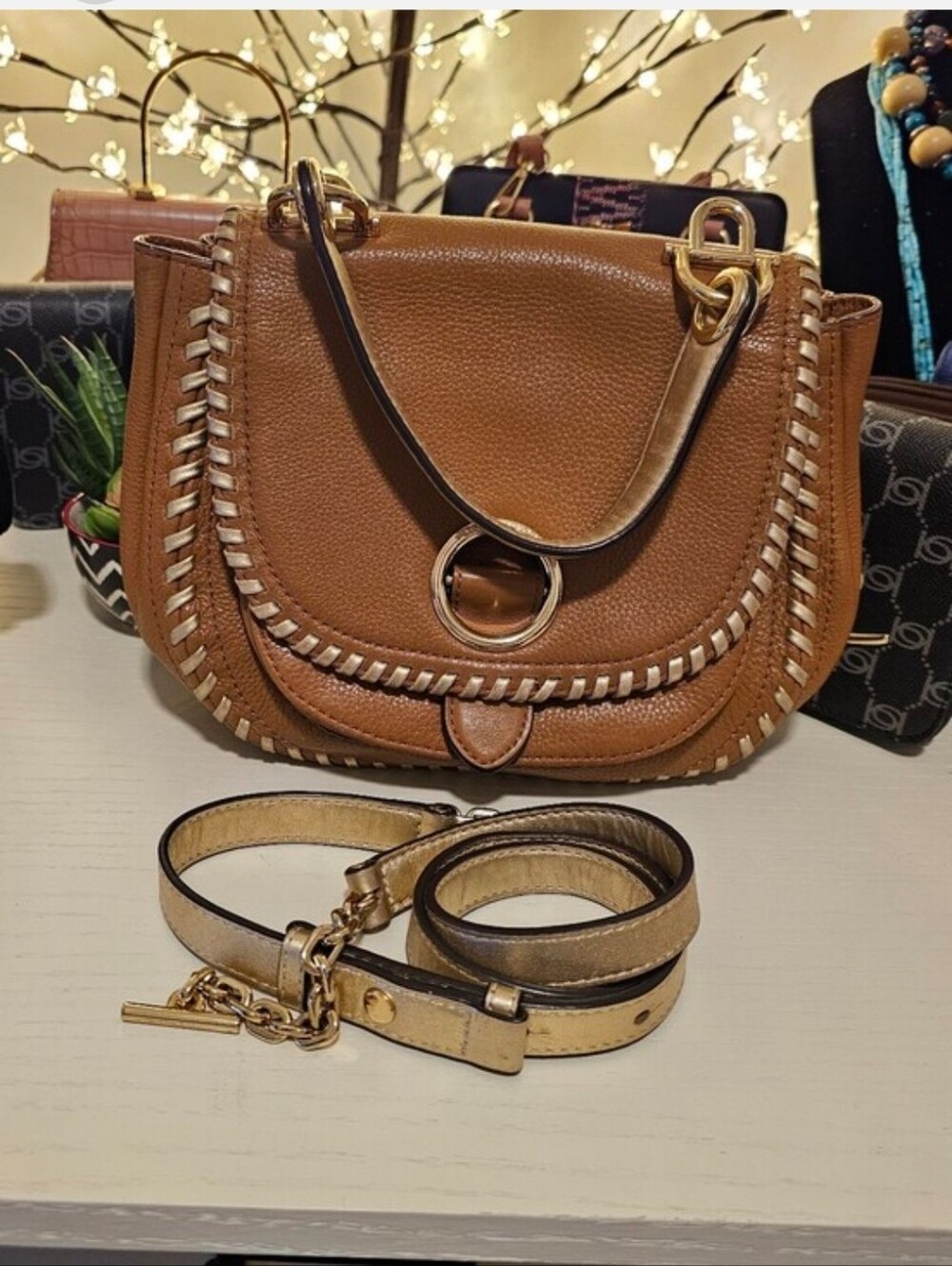 Michael Kors Brown / Gold All Genuine Leather Isadore Stitch Messenger Bag